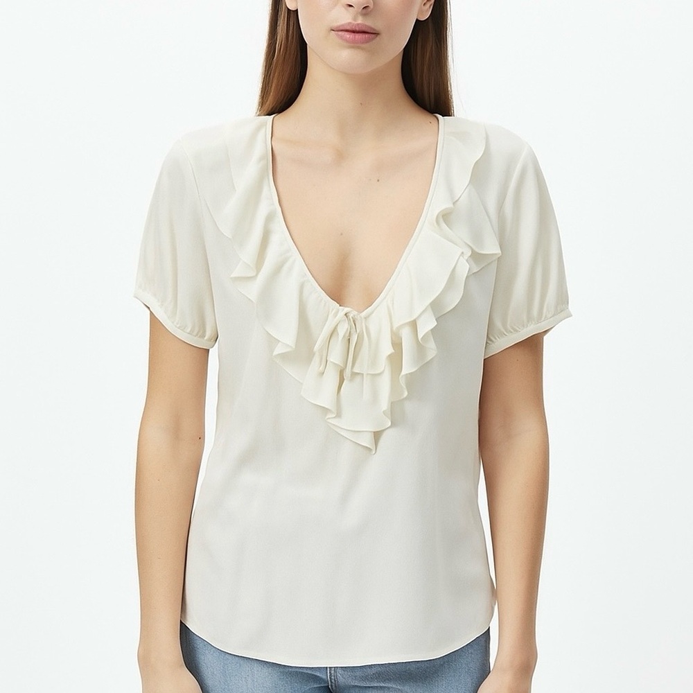 Joie Silk Ecru short sleeve blouse ruffle v neck size small